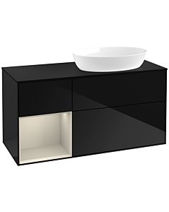 Villeroy und Boch Finion Waschtischunterschrank FA42HHPH 120cm, Abdeckplatte black matt, Regale sand matt lacquer, Glossy Black Lacquer