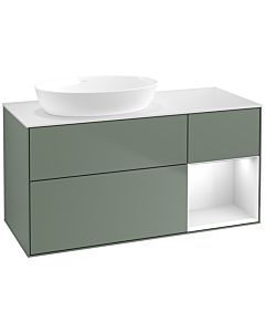 Villeroy und Boch Finion Waschtischunterschrank FA51GFGM 120cm, Abdeckplatte white matt, Regale Glossy white lacquer, Olive Matt Lacquer