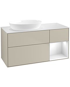Villeroy und Boch Finion Villeroy und Boch FA51GFHH 120cm, plaque de recouvrement blanc mat, étagères Laque blanche brillante, Sand Matt Lacquer