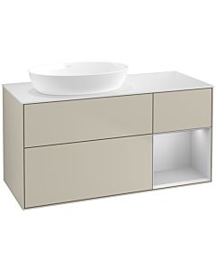 Villeroy und Boch Finion FA51GJHH 120cm, plaque de recouvrement blanc mat, étagères laqué gris clair mat, Sand Matt Lacquer