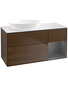 Villeroy und Boch Finion Waschtischunterschrank FA51GKGN 120cm, Abdeckplatte white matt, Regale Anthracite matt lacquer, Walnut veneer