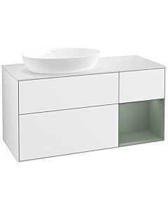 Villeroy und Boch Finion Waschtischunterschrank FA51GMGF 120cm, Abdeckplatte white matt, Regale Olive matt lacquer, Glossy white lacquer