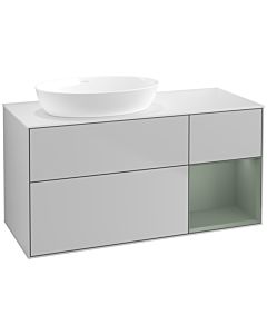 Villeroy und Boch Finion Villeroy und Boch FA51GMGJ 120cm, plaque de recouvrement blanc mat, étagères laqué olive mat, gris clair mat