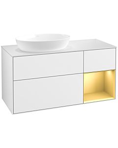 Villeroy und Boch Finion Villeroy und Boch FA51HFGF 120cm, plaque de recouvrement blanc mat, étagères laqué or mat, laqué blanc brillant