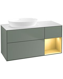 Villeroy und Boch Finion Villeroy und Boch FA51HFGM 120cm, plaque de recouvrement blanc mat, étagères laqué mat or, Olive Matt Lacquer