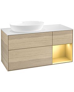 Villeroy und Boch Finion Waschtischunterschrank FA51HFPC 120cm, Abdeckplatte white matt, Regale Gold matt lacquer, Oak Veneer