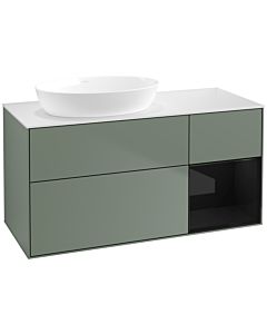 Villeroy und Boch Finion Villeroy und Boch FA51PHGM 120cm, plaque de recouvrement blanc mat, étagères Laque noire brillante, Olive Matt Lacquer