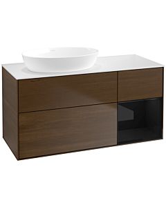 Villeroy und Boch Finion Waschtischunterschrank FA51PHGN 120cm, Abdeckplatte white matt, Regale Glossy black lacquer, Walnut veneer