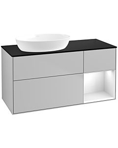 Villeroy und Boch Finion Waschtischunterschrank FA52GFGJ 120cm, Abdeckplatte black matt, Regale Glossy white lacquer, Light grey matt