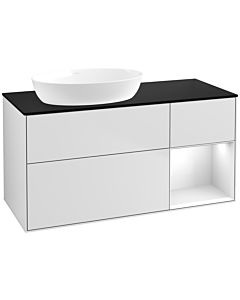 Villeroy und Boch Finion Villeroy und Boch FA52GFMT 120cm, plaque de recouvrement noir mat, étagères laqué blanc brillant, laqué blanc mat