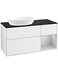 Villeroy und Boch Finion Waschtischunterschrank FA52GJGF 120cm, Abdeckplatte black matt, Regale Light grey matt lacquer, Glossy white lacquer