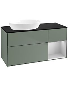 Villeroy und Boch Finion FA52GJGM 120cm, plaque de recouvrement noir mat, étagères laqué gris clair mat, Olive Matt Lacquer