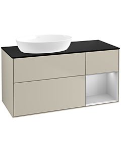 Villeroy und Boch Finion FA52GJHH 120cm, plaque de recouvrement noir mat, étagères laqué gris clair mat, Sand Matt Lacquer