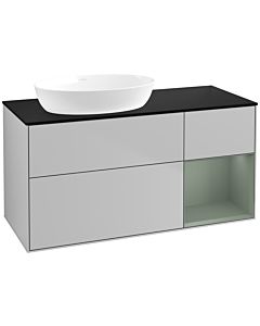 Villeroy und Boch Finion Villeroy und Boch FA52GMGJ 120cm, plaque de recouvrement noir mat, étagères laqué olive mat, gris clair mat