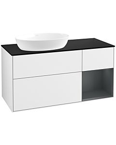 Villeroy und Boch Finion Waschtischunterschrank FA52HGGF 120cm, Abdeckplatte black matt, Regale Midnight matt lacquer, Glossy white lacquer