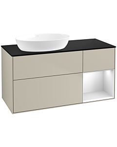 Villeroy und Boch Finion Villeroy und Boch FA52MTHH 120cm, plaque de recouvrement noir mat, étagères laqué blanc mat, Sand Matt Lacquer