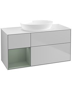 Villeroy und Boch Finion Waschtischunterschrank FA61GMGJ 120cm, Abdeckplatte white matt, Regale Olive matt lacquer, Light grey matt
