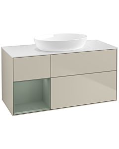 Villeroy und Boch Finion Waschtischunterschrank FA61GMHH 120cm, Abdeckplatte white matt, Regale Olive matt lacquer, Sand Matt Lacquer