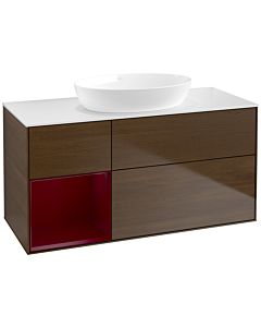 Villeroy und Boch Finion Waschtischunterschrank FA61HBGN 120cm, Abdeckplatte white matt, Regale Peony matt lacquer, Walnut veneer