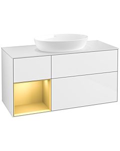 Villeroy und Boch Finion Waschtischunterschrank FA61HFGF 120cm, Abdeckplatte white matt, Regale Gold matt lacquer, Glossy white lacquer