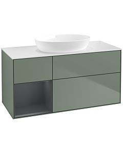Villeroy und Boch Finion Waschtischunterschrank FA61HGGM 120cm, Abdeckplatte white matt, Regale Midnight matt lacquer, Olive Matt Lacquer