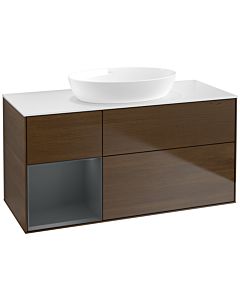 Villeroy und Boch Finion Villeroy und Boch FA61HGGN 120cm, plaque de recouvrement blanc mat, étagères laqué mat Midnight, placage noyer