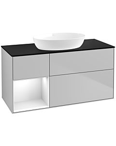 Villeroy und Boch Finion Waschtischunterschrank FA62GFGJ 120cm, Abdeckplatte black matt, Regale Glossy white lacquer, Light grey matt