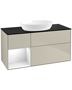 Villeroy und Boch Finion Waschtischunterschrank FA62GFHH 120cm, Abdeckplatte black matt, Regale Glossy white lacquer, Sand Matt Lacquer