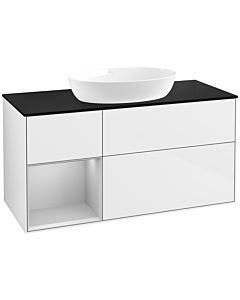 Villeroy und Boch Finion Waschtischunterschrank FA62GJGF 120cm, Abdeckplatte black matt, Regale Light grey matt lacquer, Glossy white lacquer