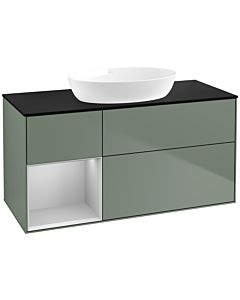 Villeroy und Boch Finion FA62GJGM 120cm, plaque de recouvrement noir mat, étagères laqué gris clair mat, Olive Matt Lacquer