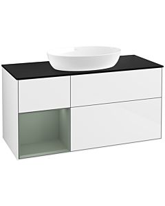 Villeroy und Boch Finion Waschtischunterschrank FA62GMGF 120cm, Abdeckplatte black matt, Regale Olive matt lacquer, Glossy white lacquer