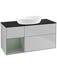 Villeroy und Boch Finion Waschtischunterschrank FA62GMGJ 120cm, Abdeckplatte black matt, Regale Olive matt lacquer, Light grey matt