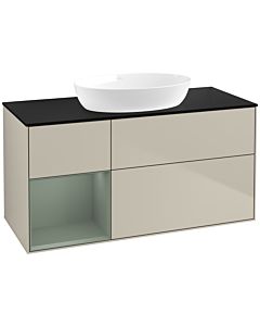 Villeroy und Boch Finion Waschtischunterschrank FA62GMHH 120cm, Abdeckplatte black matt, Regale Olive matt lacquer, Sand Matt Lacquer