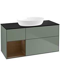 Villeroy und Boch Finion Waschtischunterschrank FA62GNGM 120cm, Abdeckplatte black matt, Regale Walnut Veneer, Olive Matt Lacquer
