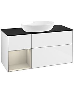 Villeroy und Boch Finion Villeroy und Boch FA62HHGF 120cm, plaque de recouvrement noir mat, étagères laqué sable mat, laqué blanc brillant