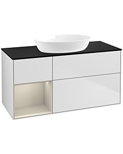Villeroy und Boch Finion Waschtischunterschrank FA62HHMT 120cm, Abdeckplatte black matt, Regale sand matt lacquer, White matt lacquer