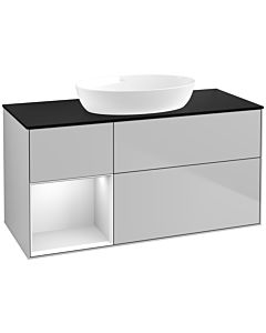 Villeroy und Boch Finion Villeroy und Boch FA62MTGJ 120cm, plaque de recouvrement noir mat, étagères laqué blanc mat, gris clair mat