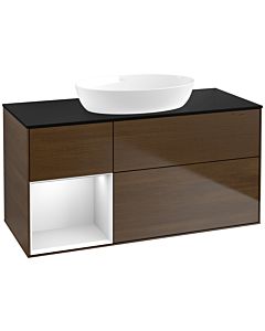Villeroy und Boch Finion Waschtischunterschrank FA62MTGN 120cm, Abdeckplatte black matt, Regale White matt lacquer, Walnut veneer
