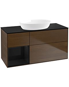 Villeroy und Boch Finion Waschtischunterschrank FA62PHGN 120cm, Abdeckplatte black matt, Regale Glossy black lacquer, Walnut veneer