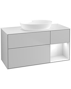 Villeroy und Boch Finion Villeroy und Boch FA71GFGJ 120cm, plaque de recouvrement blanc mat, étagères laqué blanc brillant, gris clair mat