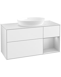 Villeroy und Boch Finion Villeroy und Boch FA71GJGF 120cm, plaque de recouvrement blanc mat, étagères laqué gris clair mat, laqué blanc brillant
