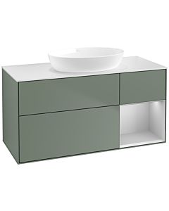 Villeroy und Boch Finion FA71GJGM 120cm, plaque de recouvrement blanc mat, étagères laqué gris clair mat, Olive Matt Lacquer