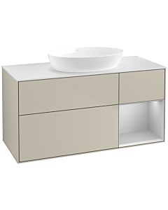 Villeroy und Boch Finion Villeroy und Boch FA71GJHH 120cm, plaque de recouvrement blanc mat, étagères laqué gris clair mat, Sand Matt Lacquer