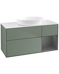 Villeroy und Boch Finion Waschtischunterschrank FA71GKGM 120cm, Abdeckplatte white matt, Regale Anthracite matt lacquer, Olive Matt Lacquer