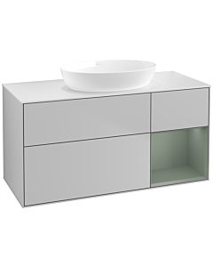 Villeroy und Boch Finion Villeroy und Boch FA71GMGJ 120cm, plaque de recouvrement blanc mat, étagères laqué olive mat, gris clair mat