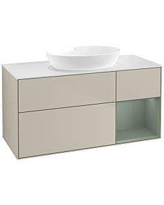 Villeroy und Boch Finion Villeroy und Boch FA71GMHH 120cm, plaque de recouvrement blanc mat, étagères laqué olive mat, Sand Matt Lacquer