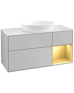 Villeroy und Boch Finion Waschtischunterschrank FA71HFGJ 120cm, Abdeckplatte white matt, Regale Gold matt lacquer, Light grey matt