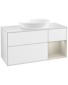 Villeroy und Boch Finion Waschtischunterschrank FA71HHGF 120cm, Abdeckplatte white matt, Regale sand matt lacquer, Glossy white lacquer