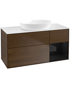 Villeroy und Boch Finion Waschtischunterschrank FA71PHGN 120cm, Abdeckplatte white matt, Regale Glossy black lacquer, Walnut veneer