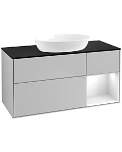 Villeroy und Boch Finion Waschtischunterschrank FA72GFGJ 120cm, Abdeckplatte black matt, Regale Glossy white lacquer, Light grey matt